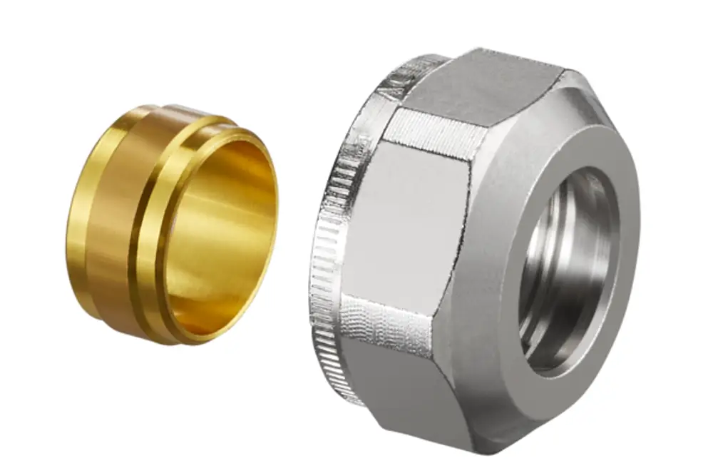 Zwei Metallteile, darunter ein silberner Sechskant mit Innengewinde und ein goldfarbener Ring. Die Teile scheinen für eine Klemmringverschraubung von Oventrop gedacht zu sein.